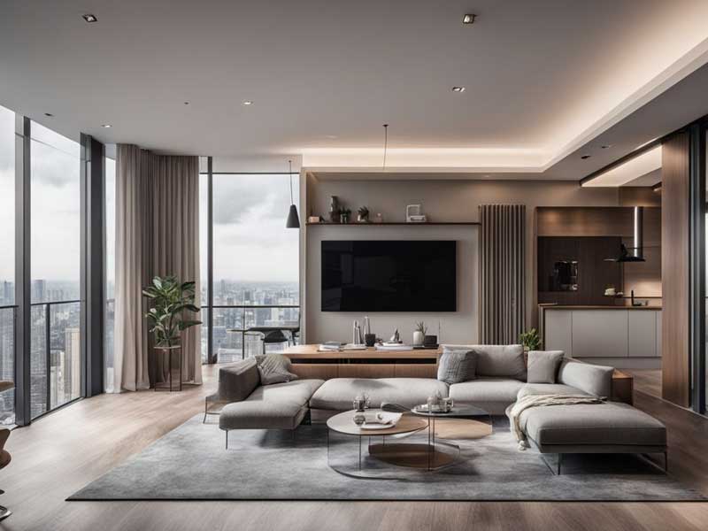 Modern living room with a sectional sofa, glass coffee table, and floor-to-ceiling windows offering a city view.