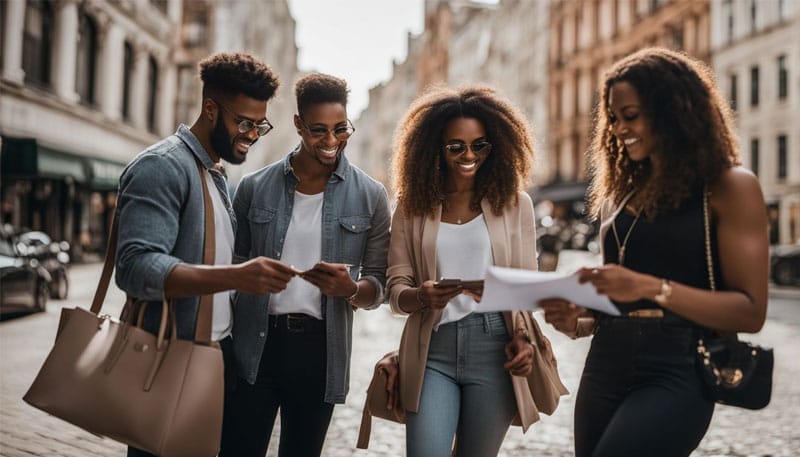 Four friends reviewing a document together on a city street.