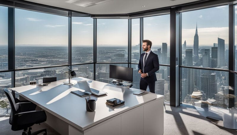 A real estate broker standing in a modern office with a panoramic view of the city skyline.