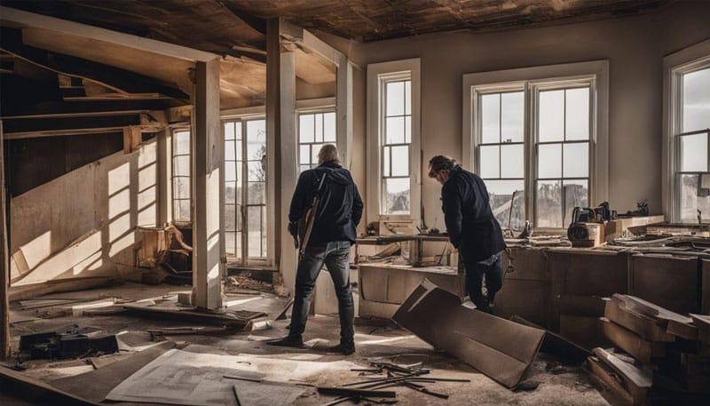 Two individuals surveying a room under construction with debris and building materials scattered around.