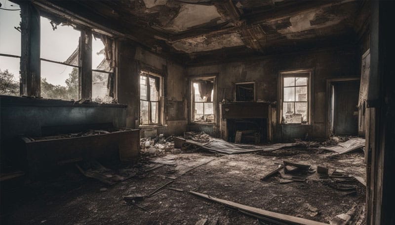 An abandoned and dilapidated room with broken furniture and debris, illuminated by natural light through window openings.