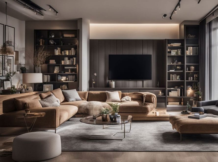 A modern living room with a large sectional sofa, a wall-mounted tv, and shelving units filled with books and decorative items.