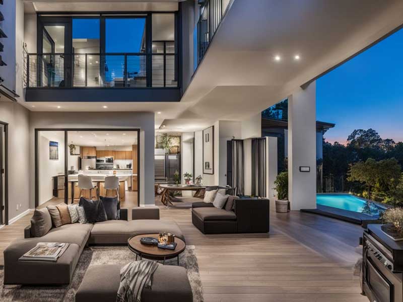 Modern open-plan living space with stylish interior design, leading to an outdoor swimming pool at dusk.