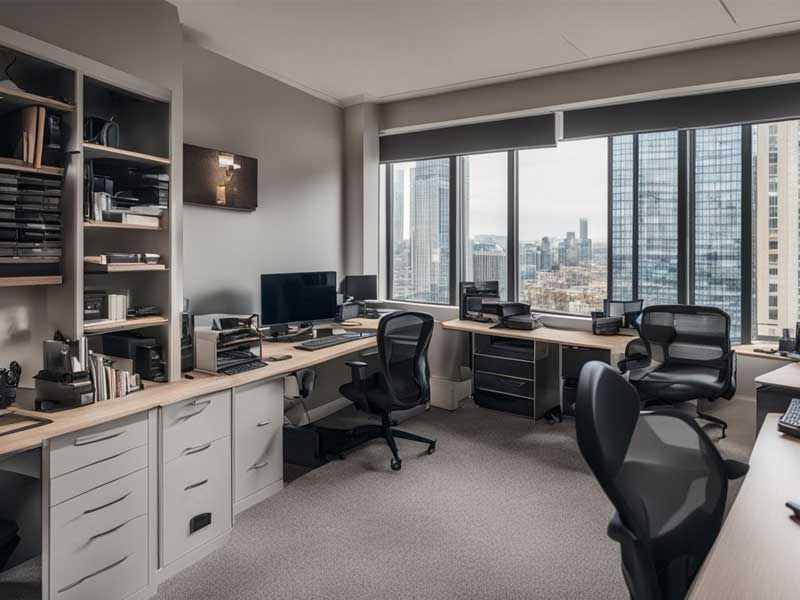 Modern Property Manager's office space with multiple workstations overlooking a cityscape.