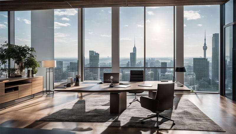 Modern office with a panoramic view of the city skyline during daylight.