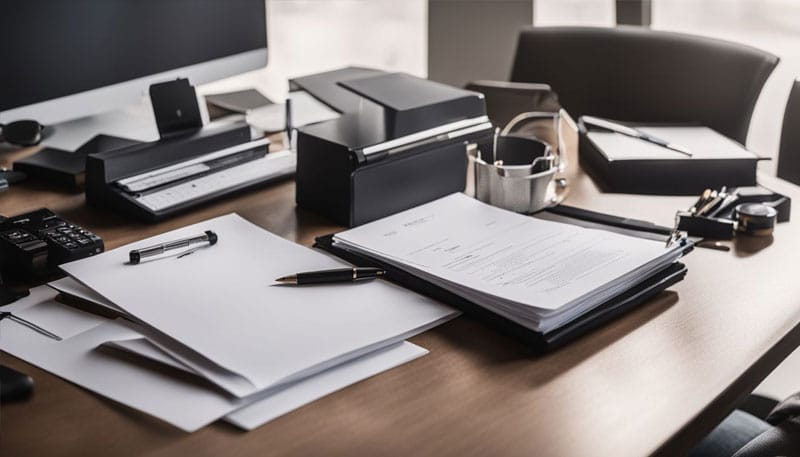 A tidy office desk setup with organized stationery and documents.