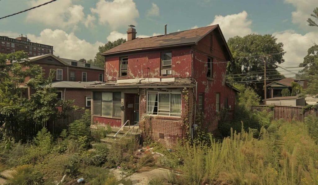 Weathered red brick house with peeling paint and overgrown yard, featuring a chimneystack and partially obscured by foliage under a sunny sky.