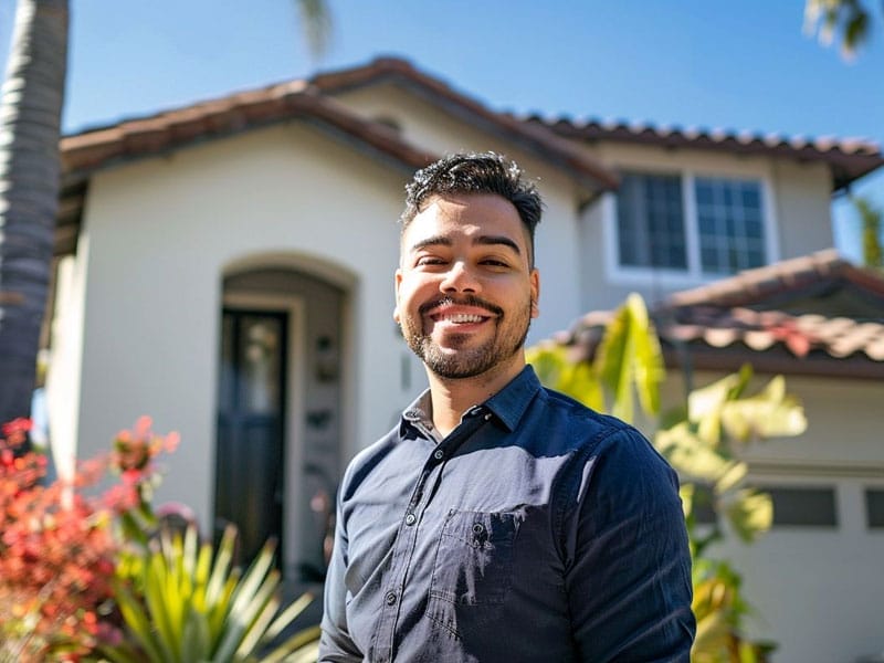 A cheerful man standing in front of a two-story house with a smile, wearing a dark blue shirt, during daytime.