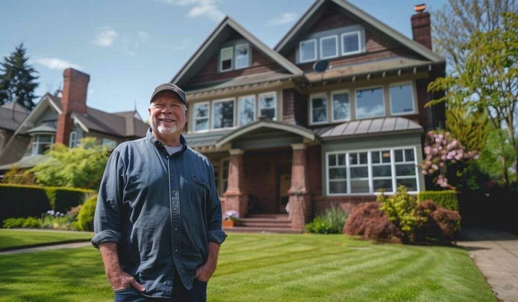 A smiling man standing in front of a large brick house with a well-manicured lawn on a sunny day.