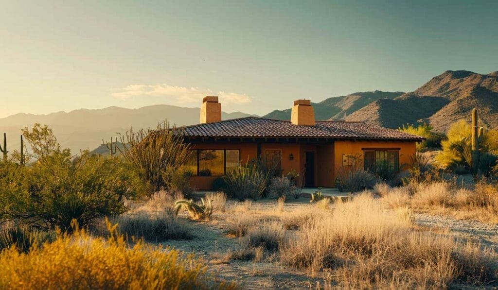 A desert home with warm terra cotta colors, surrounded by cacti and desert flora, with mountains in the background during sunset.