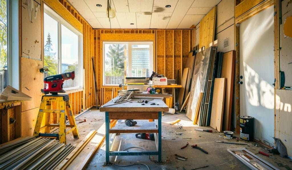 Interior of a construction site with building materials and tools scattered around, featuring exposed wooden studs and a large window letting in sunlight.