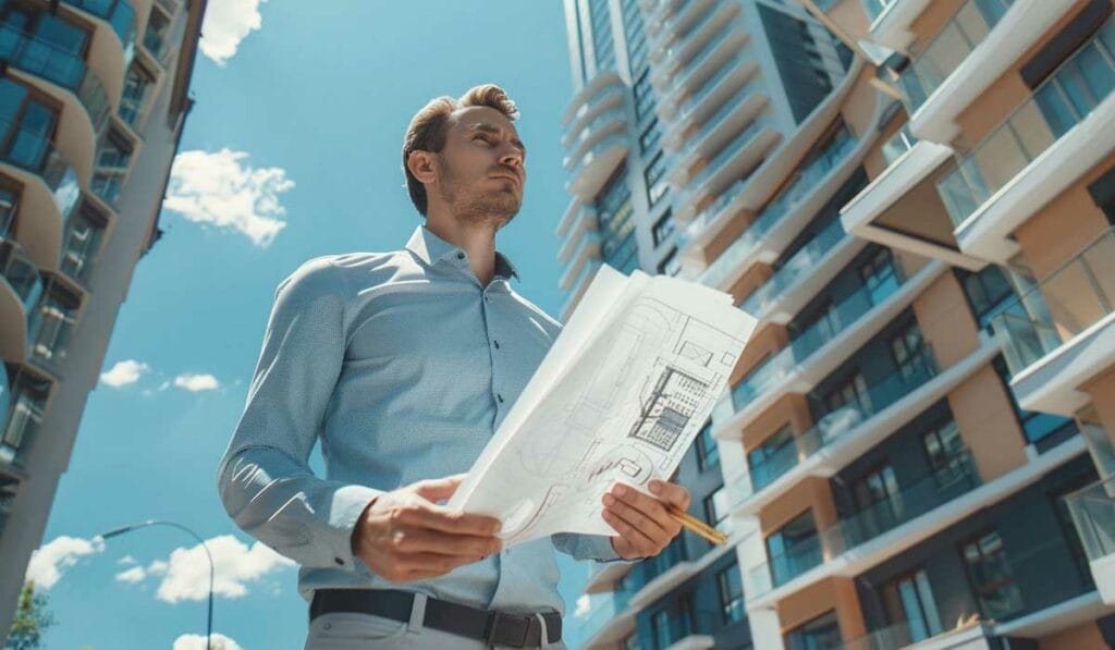 A man in a blue shirt holding blueprints stands in front of tall city buildings on a sunny day.
