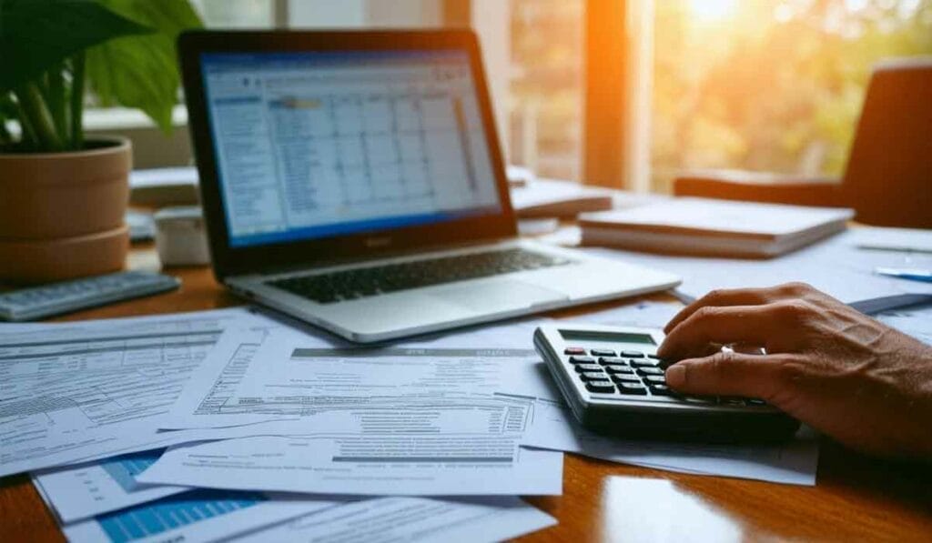 A hand using a calculator on a cluttered desk with documents spread around. An open laptop with a spreadsheet is in the background. A plant is placed beside the laptop near the window.