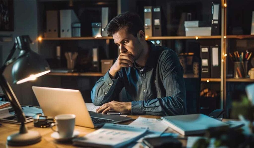 A man sits at a cluttered desk with a laptop, resting his chin on his hand. Shelves filled with binders and books are visible in the background. The scene is dimly lit by a desk lamp.