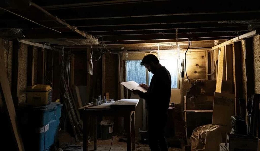 A person is standing in a dimly lit basement reading papers, with tools and various items scattered around.