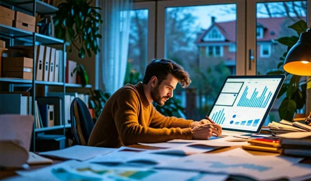 A person working at a desk with a computer screen displaying charts and graphs. The room is filled with papers and has large windows with a view of houses and trees outside.