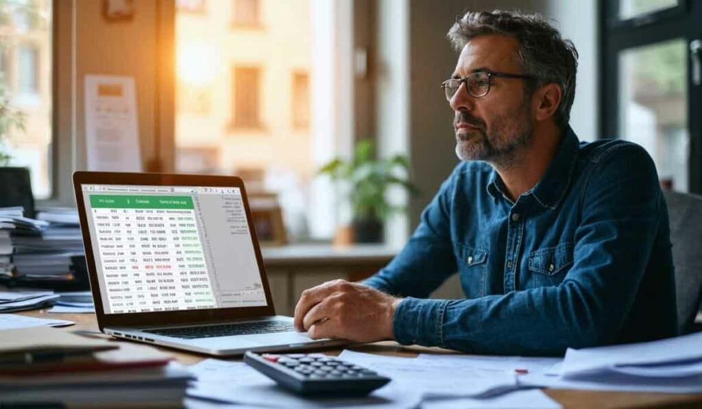 A man sits at a desk, working on a laptop displaying a spreadsheet. Papers, a calculator, and a coffee cup are also on the desk. The room is lit by sunlight coming through a window.