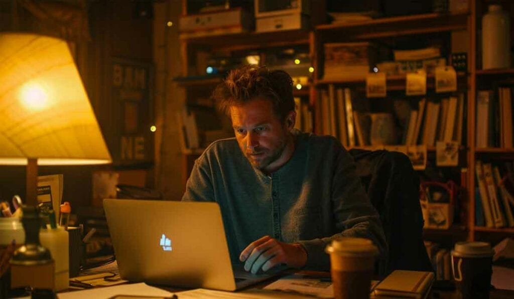 A man sits at a cluttered desk working on a laptop in a dimly lit room, surrounded by shelves filled with books and items, and a lit desk lamp to his side.