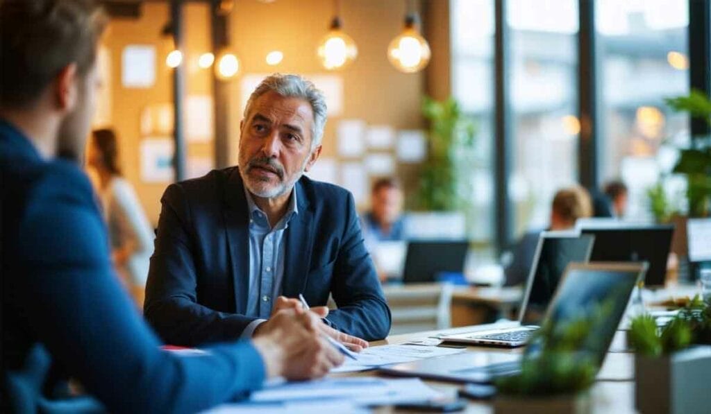 Two business professionals having a discussion in a well-lit modern office. One man, with gray hair, sits facing another man, focused on the conversation. Laptop and papers are on the table.