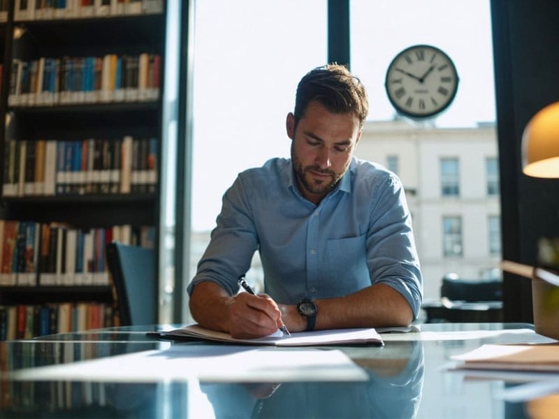 A man is sitting at a desk in a library, writing in a notebook. Shelves filled with books and a large clock are in the background.