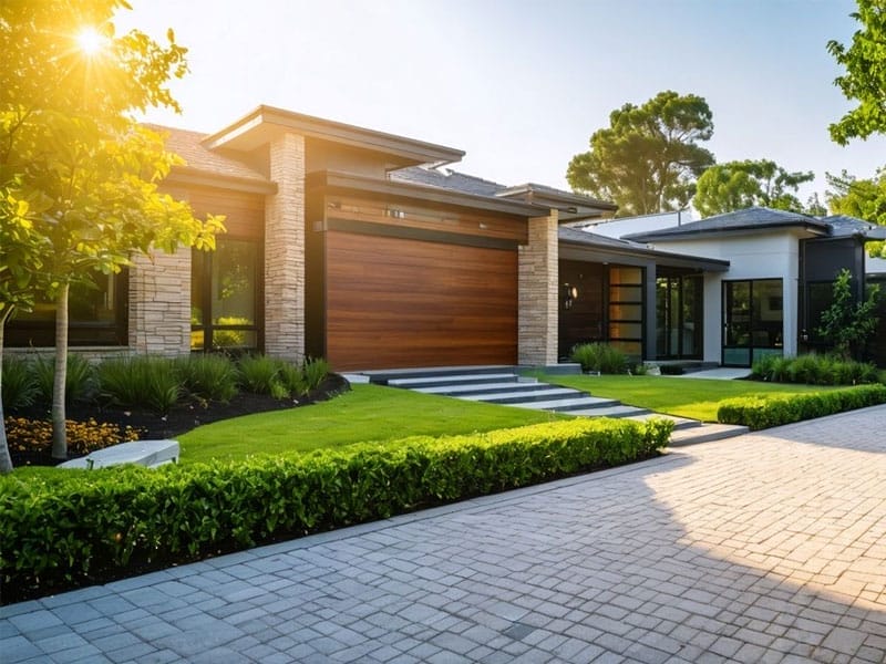 Modern house with a large wooden garage door, stone accents, and large windows. It features a well-manicured lawn, neat hedges, and a paved driveway under a clear sky.