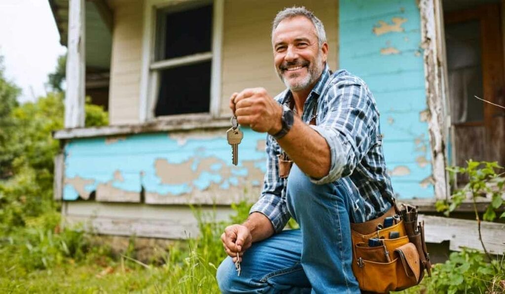 A man in a plaid shirt crouches in front of an old, weathered house, holding up a set of keys with a smile. He wears a tool belt around his waist.