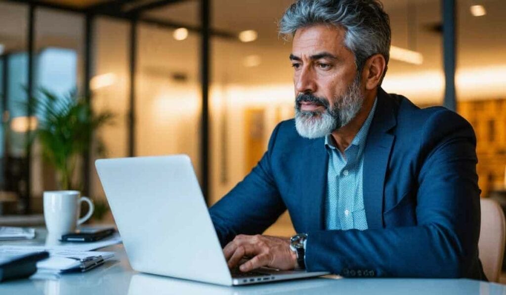 A man with gray hair and beard wearing a suit is working on a laptop at a desk in a modern office setting.