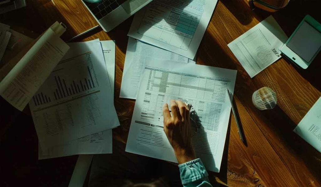 A person reviewing financial documents spread out on a wooden table, with a laptop, phone, and a cup of coffee nearby.