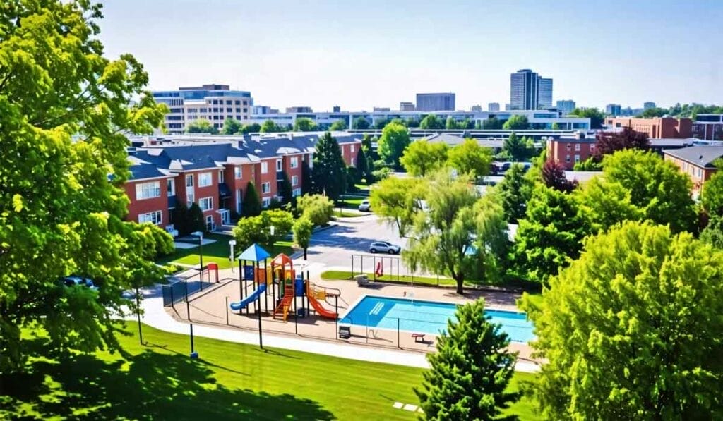 Aerial view of a residential area with a playground, swimming pool, and surrounding trees, set against a backdrop of mid-rise buildings and a clear sky.