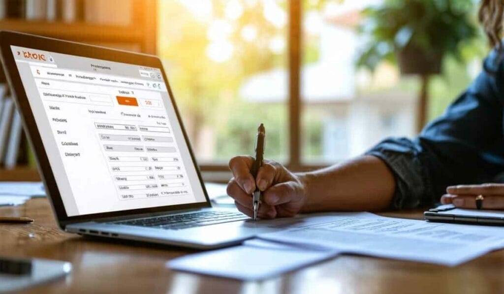 A person is filling out financial information on a form as displayed on a laptop screen, with additional paperwork and a pen on the desk.