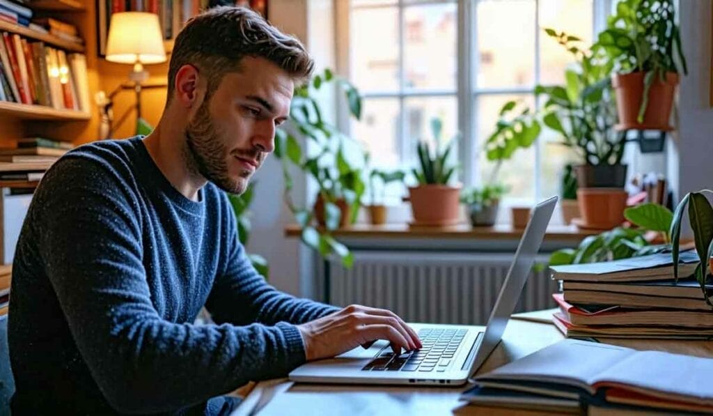 A man sits at a desk working on a laptop in a room with bookshelves and potted plants.