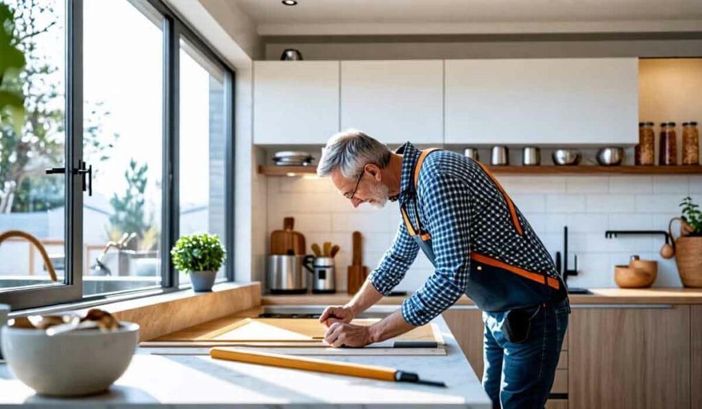 A man in a checkered shirt and suspenders measures a piece of wood on a kitchen countertop with tools around him.