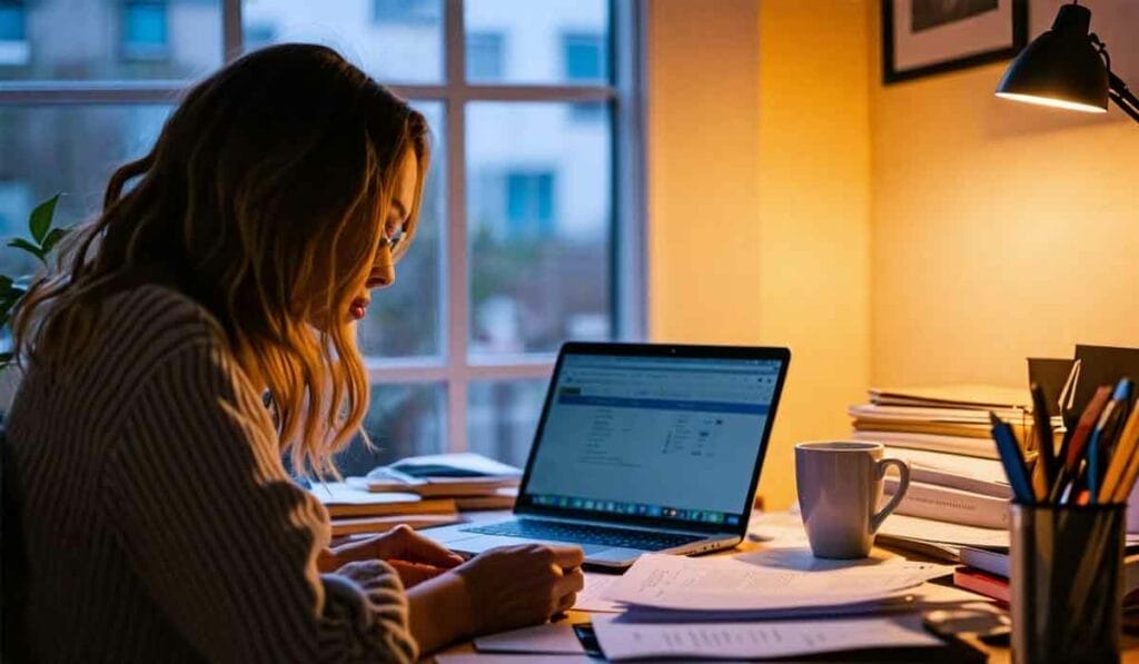 A person with glasses works at a cluttered desk with a laptop and stacks of papers. A lit lamp illuminates the workspace next to a window. A mug and a pen holder are also on the desk.