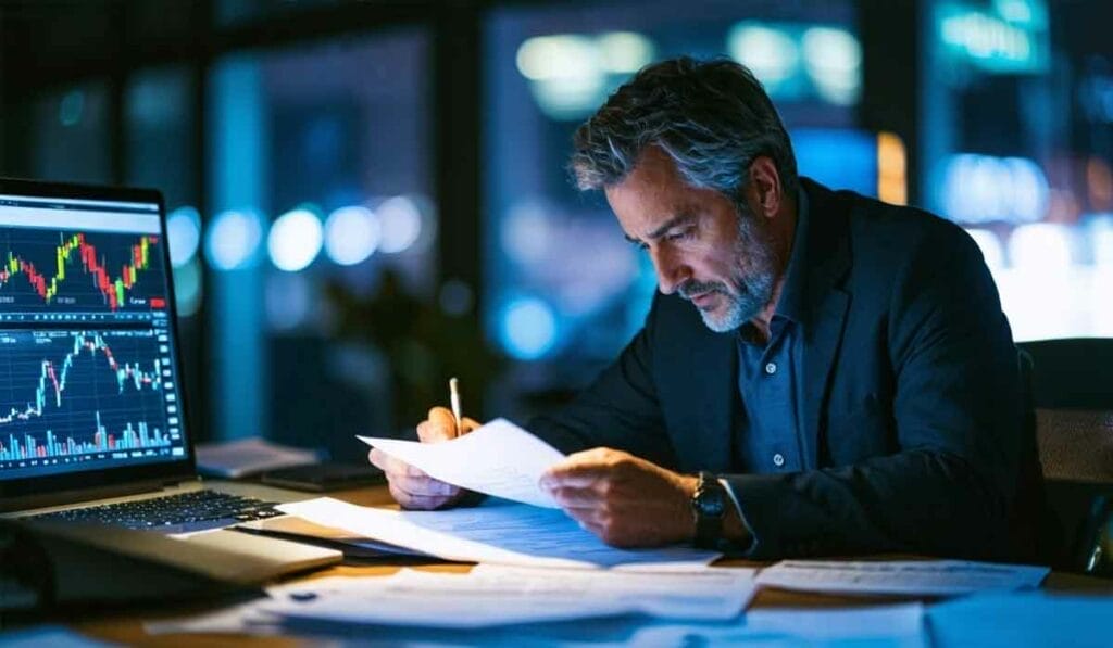 A man with gray hair reviews documents at a desk, with a laptop displaying stock charts and paperwork spread around him, in an office setting.