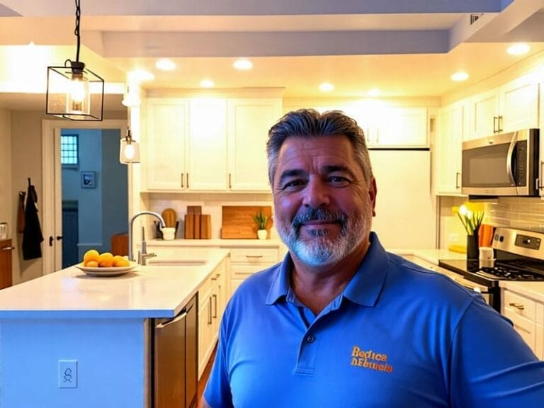 A man with graying hair and a beard stands in a brightly lit modern kitchen wearing a blue polo shirt with the logo "Reface Cabinets".