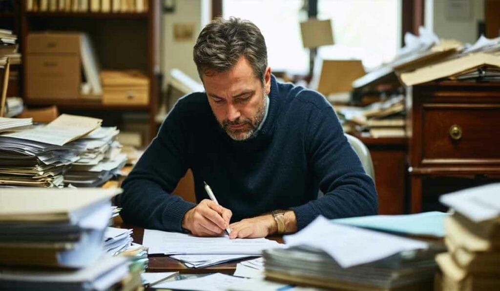 A man with a beard sits at a cluttered desk filled with papers and documents, focusing on writing on a sheet in front of him.