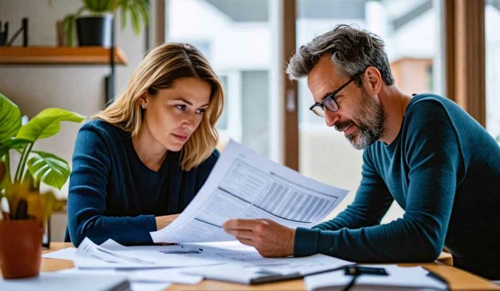 A man and a woman sit at a table reviewing documents, with various papers spread out before them. The room appears well-lit and has potted plants on the table and nearby surfaces.