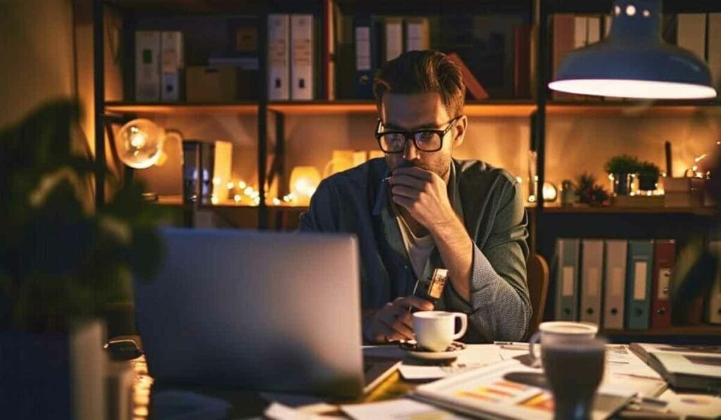 A person wearing glasses is sitting at a desk, working on a laptop in a dimly lit room filled with books and papers. The desk has a cup of coffee and the background is illuminated by warm lighting.