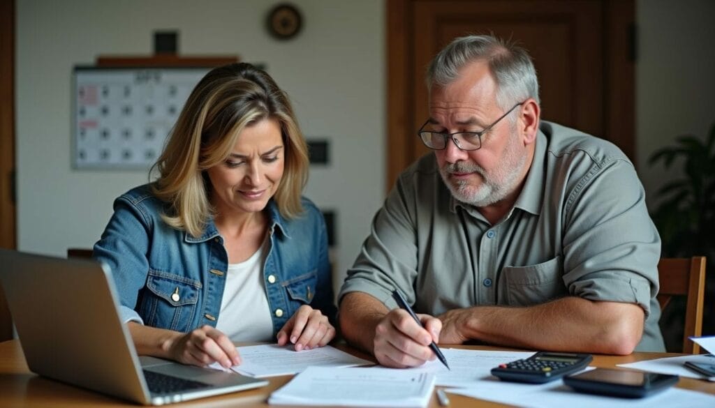 A man and woman sit at a table reviewing documents, with a laptop, papers, and a calculator in front of them.