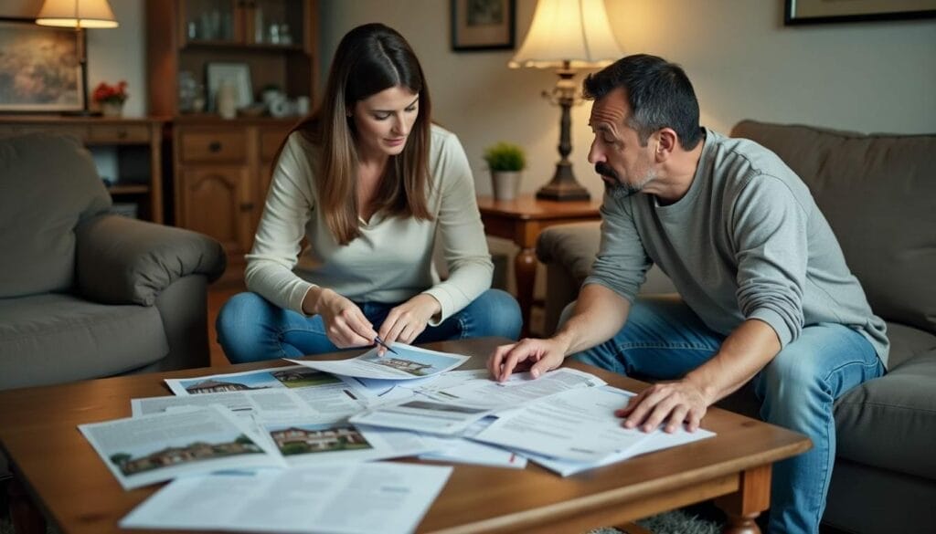 A man and woman sit at a table covered with documents, discussing and reviewing papers in a living room setting.