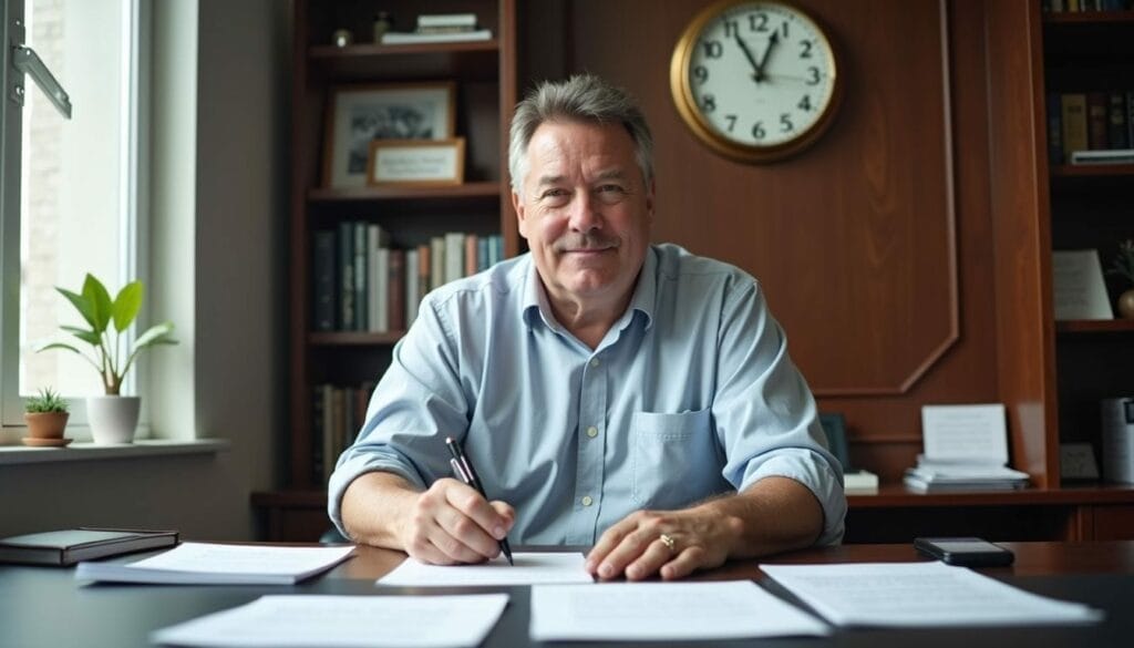 A man is sitting at a desk, writing on papers. He is in an office with a clock and bookshelves in the background.