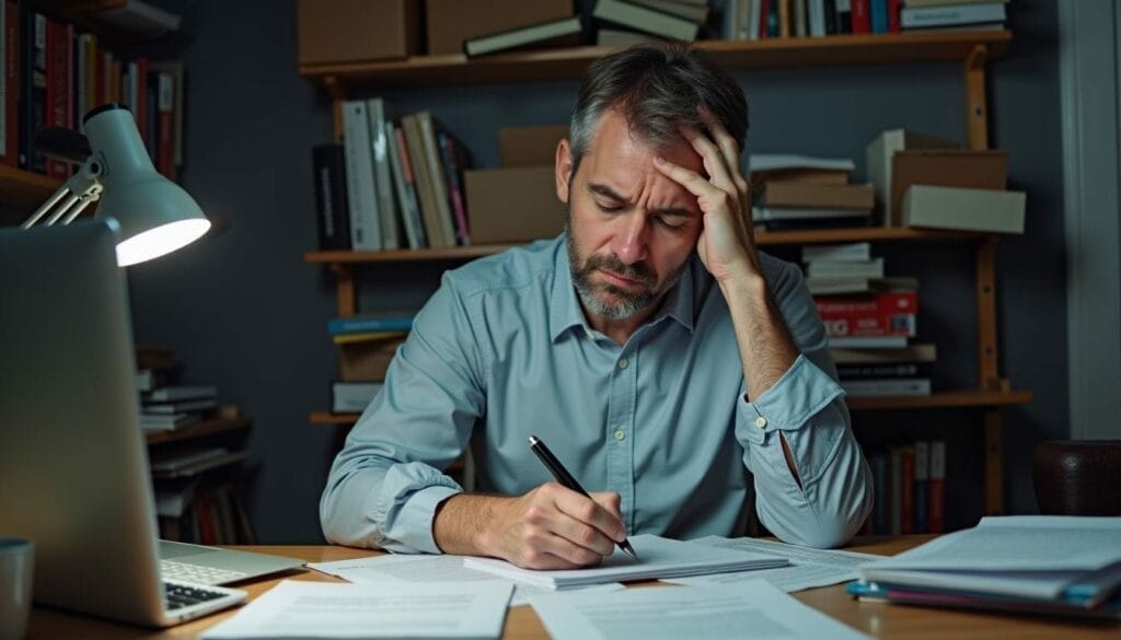 A man with gray hair sits at a desk, looking stressed as he writes notes on papers. A lamp lights the cluttered workspace, with books and folders on shelves in the background.