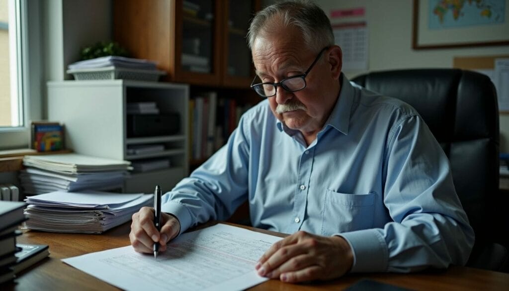 Elderly man in glasses sits at a desk, focused on reading and marking a document with a pen. Piles of paperwork are visible around him.