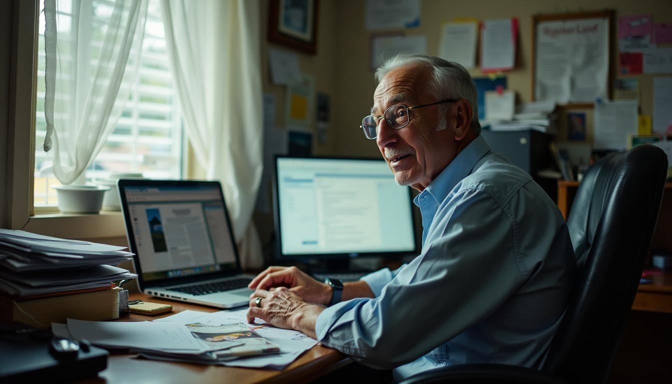 An elderly man sits at a desk with two laptops, surrounded by papers, near a window with blinds.