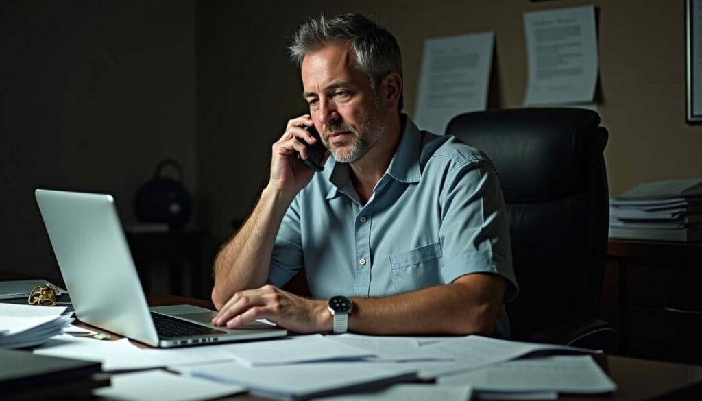 A man with gray hair sits at a desk using a laptop and talking on a phone, surrounded by stacks of papers.