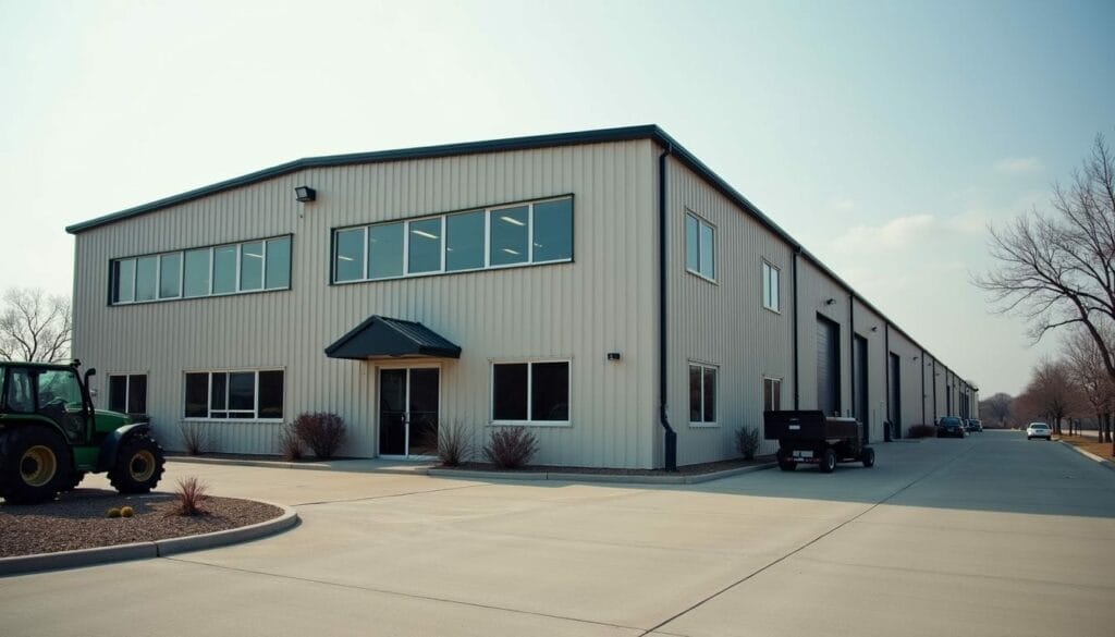 Large industrial warehouse with metal siding, multiple windows, and a parking area. A tractor is visible on the left.