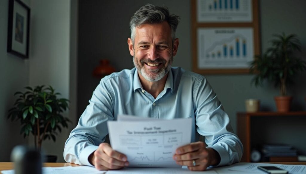 A man sits at a desk, smiling and holding a document. There are charts on the wall and papers on the desk.