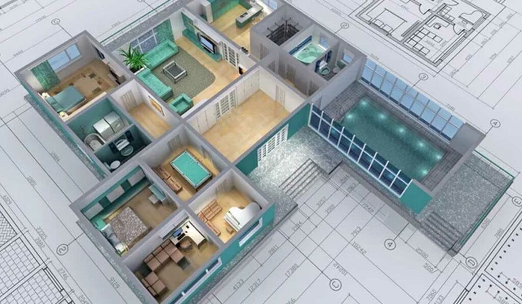 3D architectural floor plan on blueprints, featuring multiple rooms and a pool area.