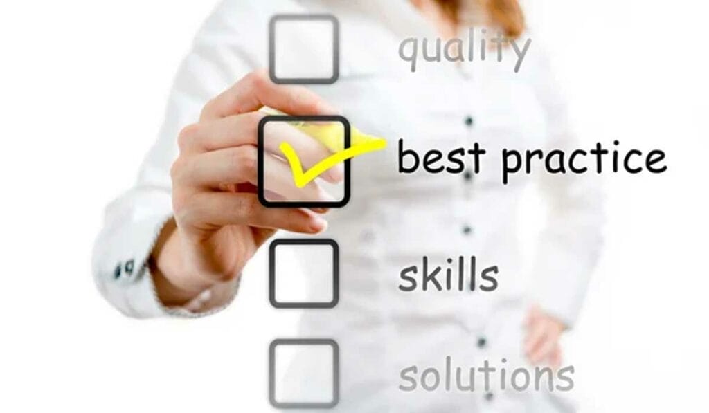 A person checks a box labeled "best practice" with other options "quality," "skills," and "solutions" listed beside it.