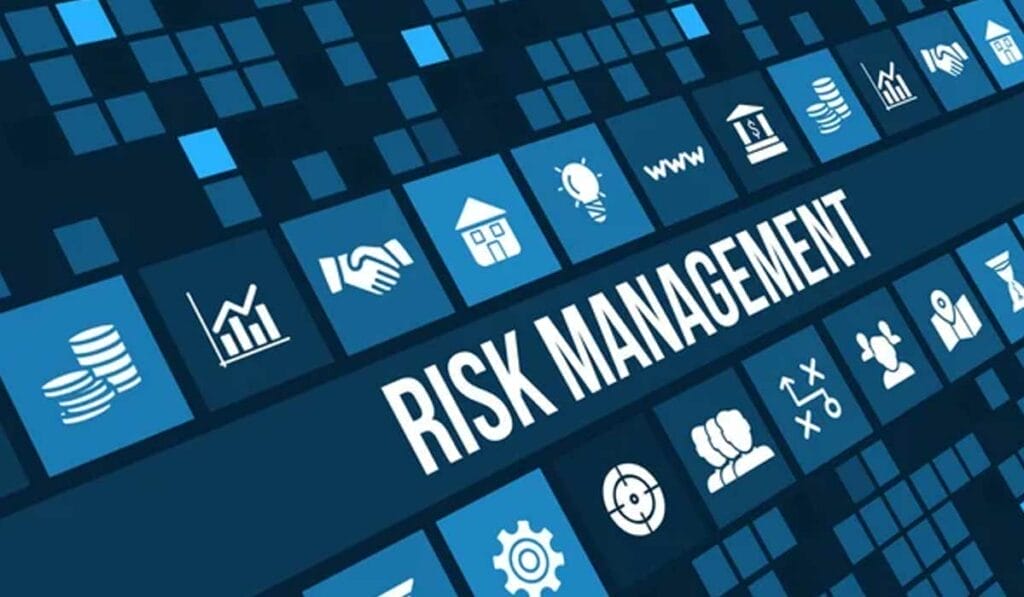 Blue-themed graphic with icons representing finance, handshake, house, and strategy surrounding the words "Risk Management.